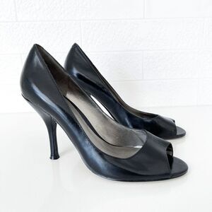 Nine West Womens Leather Peep Toe Stiletto Heel Slip-on Pumps Black Size 6M